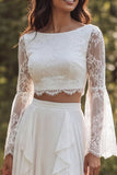 A Line Ruffled Lace White Boho Wedding Dress With Long Sleeves