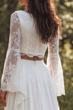 A Line Ruffled Lace White Boho Wedding Dress With Long Sleeves