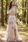 A Line 2-piece White Cold Shoulder Floral Wedding Dress