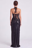Black Corset Halter Sheath Lace Formal Dress