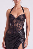 Black Corset Halter Sheath Lace Formal Dress
