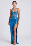 Black Corset Halter Sheath Lace Formal Dress