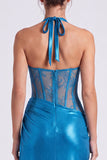 Black Corset Halter Sheath Lace Formal Dress