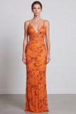 Floral Sheath Orange V-Neck Sequins Wedding Guest Dress
