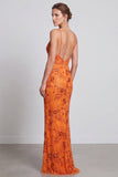 Floral Sheath Orange V-Neck Sequins Wedding Guest Dress