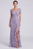 Mermaid Purple V-Neck Sequins Half Sleeve Wedding Guest Dress
