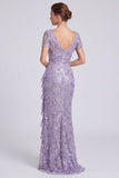 Mermaid Purple V-Neck Sequins Half Sleeve Wedding Guest Dress