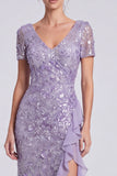 Mermaid Purple V-Neck Sequins Half Sleeve Wedding Guest Dress