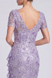 Mermaid Purple V-Neck Sequins Half Sleeve Wedding Guest Dress