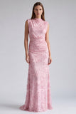 Sheath Pink High Neck Floral Wedding Guest Dress