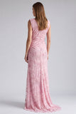 Sheath Pink High Neck Floral Wedding Guest Dress