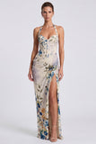 Halter Corset Blue Floral Sheath Wedding Guest Dress