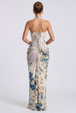 Halter Corset Blue Floral Sheath Wedding Guest Dress