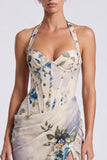 Halter Corset Blue Floral Sheath Wedding Guest Dress