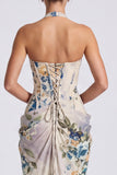 Halter Corset Blue Floral Sheath Wedding Guest Dress