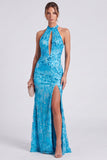 Mermaid Halter Sequins Blue Wedding Guest Dress