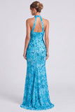 Mermaid Halter Sequins Blue Wedding Guest Dress