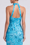 Mermaid Halter Sequins Blue Wedding Guest Dress