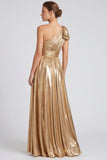 One Shoulder A Line Metallic Blue Formal Dress