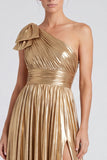 One Shoulder A Line Metallic Blue Formal Dress