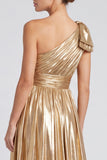 One Shoulder A Line Metallic Blue Formal Dress