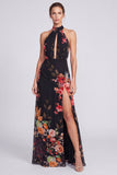 Halter A Line Blue Floral Wedding Guest Dress