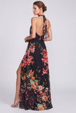Halter A Line Blue Floral Wedding Guest Dress