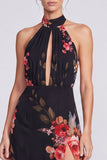 Halter A Line Blue Floral Wedding Guest Dress
