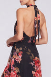 Halter A Line Blue Floral Wedding Guest Dress