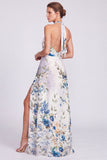 Halter A Line Blue Floral Wedding Guest Dress
