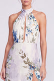 Halter A Line Blue Floral Wedding Guest Dress