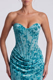 Pink Strapless Corset Floral Sheath Wedding Guest Dress