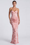 Pink Strapless Corset Floral Sheath Wedding Guest Dress