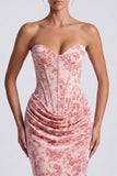 Pink Strapless Corset Floral Sheath Wedding Guest Dress