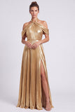 Cold Shoulder Gold Metallic A Line Formal Dress