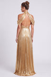 Cold Shoulder Gold Metallic A Line Formal Dress