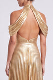 Cold Shoulder Gold Metallic A Line Formal Dress