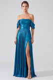 Off The Shoulder Metallic A Line Blue Formal Dress
