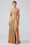 Off The Shoulder Metallic A Line Blue Formal Dress