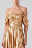 Off The Shoulder Metallic A Line Blue Formal Dress