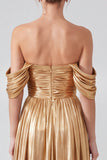 Off The Shoulder Metallic A Line Blue Formal Dress