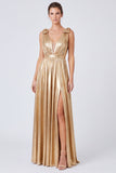 Gold Metallic A Line V-Neck Formal Dress With Slit