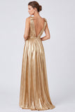 Gold Metallic A Line V-Neck Formal Dress With Slit