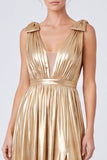 Gold Metallic A Line V-Neck Formal Dress With Slit