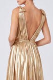 Gold Metallic A Line V-Neck Formal Dress With Slit