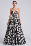 Strapless Corset Black and White Floral A Line Formal Dress