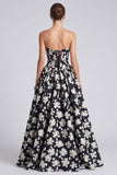 Strapless Corset Black and White Floral A Line Formal Dress