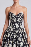 Strapless Corset Black and White Floral A Line Formal Dress