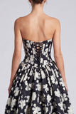 Strapless Corset Black and White Floral A Line Formal Dress