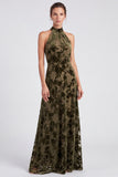 Halter Olive Floral A Line Wedding Guest Dress